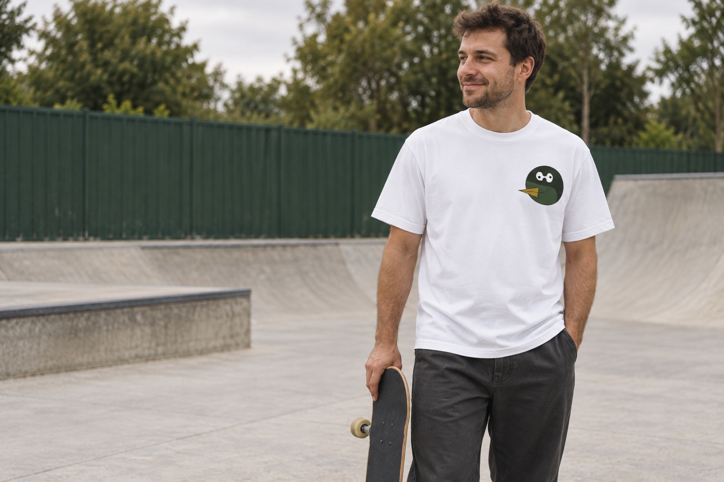 Generated campaign concept: an adult in a white Duckiepoos tee at a quiet skatepark
