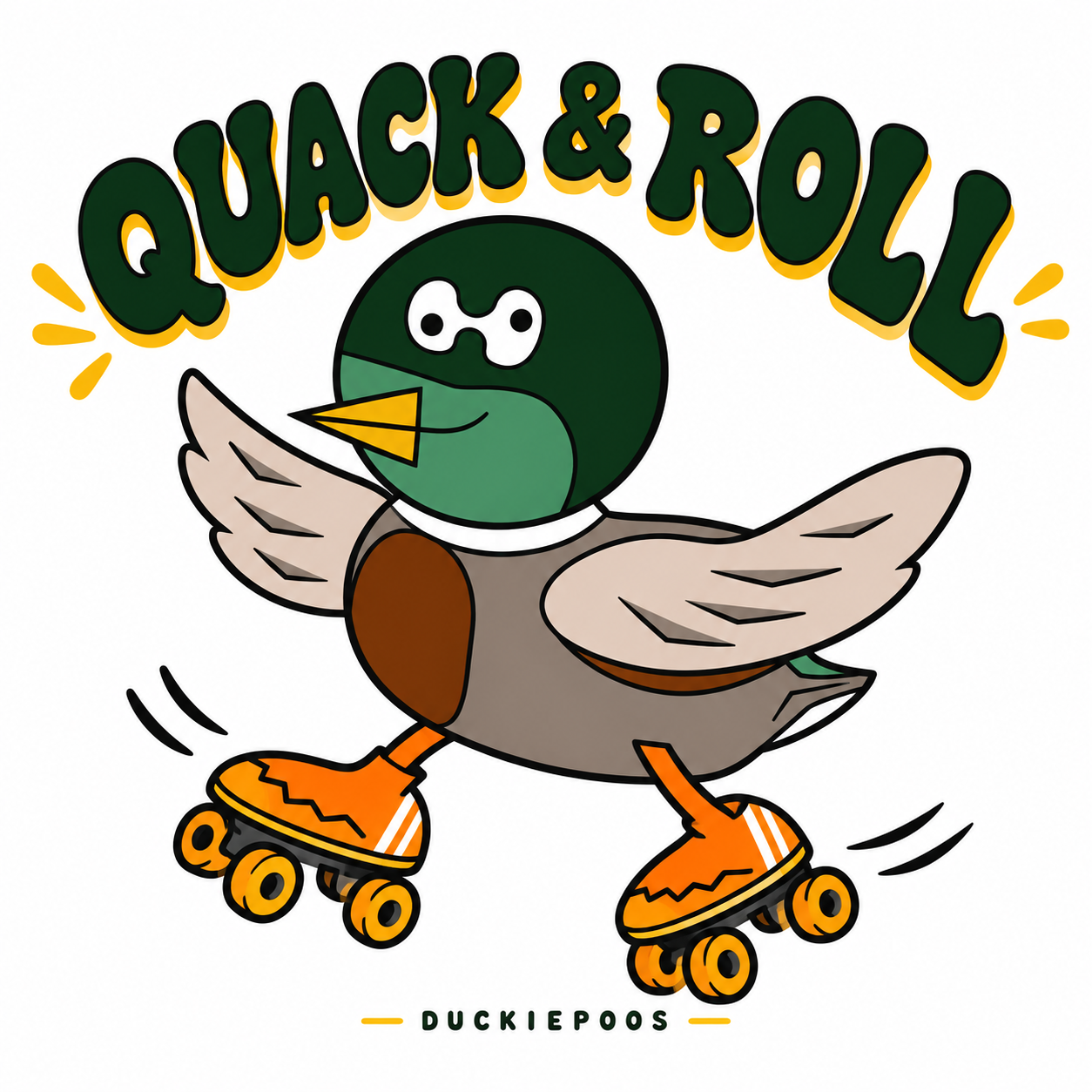 Duckiepoos on orange roller skates beneath Quack & Roll lettering